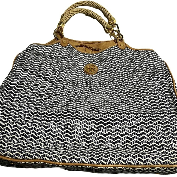 Tory Burch Designer Kerrington Nautical Rope Zig Zag Tote Purse Handbag - Picture 2 of 15